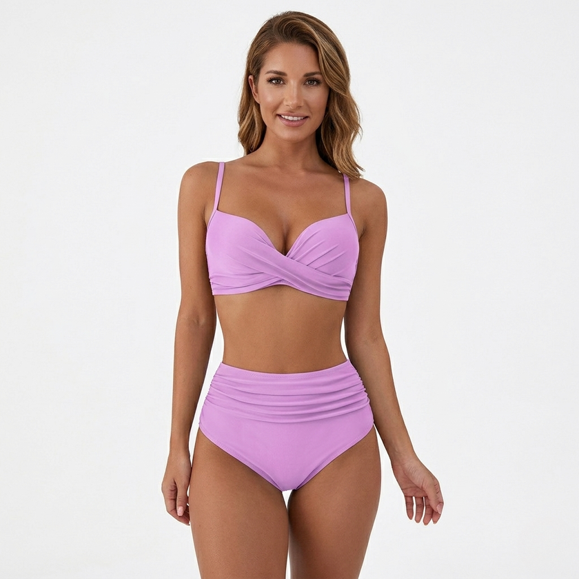 Women's high-waisted bikini with ruched texture from FJØRNA, featuring a two-piece design for stylish beachwear.