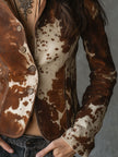 Brown cow print suede women's jacket with stand collar by FJØRNA, featuring a stylish and textured design.