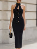 FJØRNA black halter neck cutout midi bodycon dress showing fitted silhouette and stylish cutout details on the front.