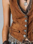 FJØRNA caramel washed denim tank top with button-up waistcoat style, featuring a sleeveless design and casual fit.