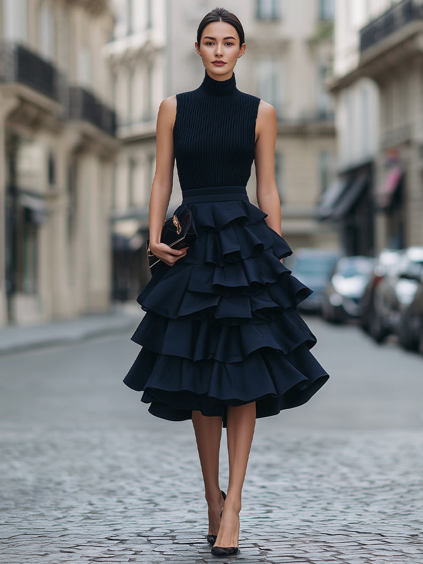 FJØRNA sleeveless high neck tiered ruffle midi dress displayed on a model, showcasing its elegant design and flowy fabric.