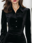 FJØRNA velvet long-sleeve button-front dress for women, stylish and elegant women’s dress with a fitted silhouette and classic collar.