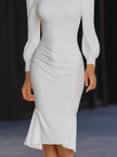 FJØRNA high-neck puff sleeve ruched midi leather dress, stylish and fitted, with textured details and sleek silhouette.