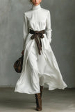 FJØRNA color-blocked belted high-neck long-sleeved casual maxi dress, stylish and comfortable for everyday wear.