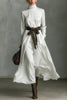 FJØRNA color-blocked belted high-neck long-sleeved casual maxi dress, stylish and comfortable for everyday wear.