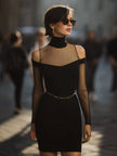 FJØRNA elegant mesh-panel cutout bodycon dress for women, featuring a form-fitting design with stylish mesh details.