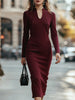 FJØRNA elegant long-sleeve sculpted midi sheath dress for women, featuring a fitted silhouette and sophisticated design.