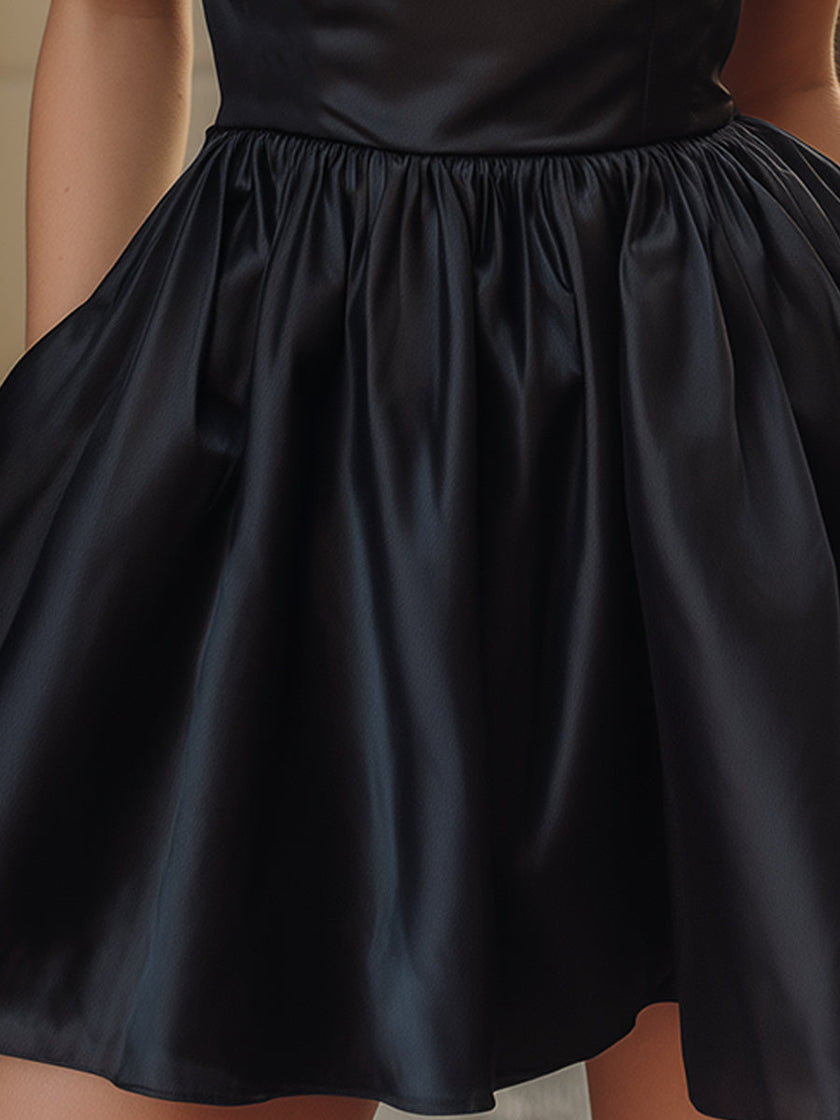 FJØRNA elegant high-neck satin bubble mini dress for women, showcasing a sleek satin dress with a high neckline and bubble silhouette.