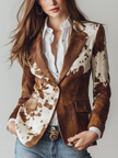 FJØRNA brown cow print suede blazer for women, stylish tailored blazer with cow pattern, ideal for casual or chic outfits.