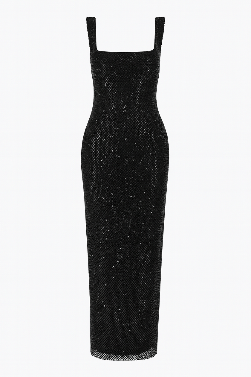 FJØRNA sequin slip dress for women, double strap, bodycon fit, hip-skimming, stylish evening dress with shimmering sequins.