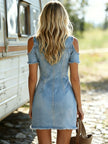 FJØRNA denim off-shoulder mini dress for women, featuring a stylish off-shoulder neckline and fitted silhouette.