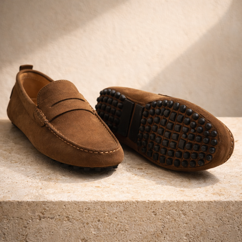 FJØRNA men's loafers shoes in brown leather with slip-on design and stitched detailing, stylish and comfortable for casual wear.