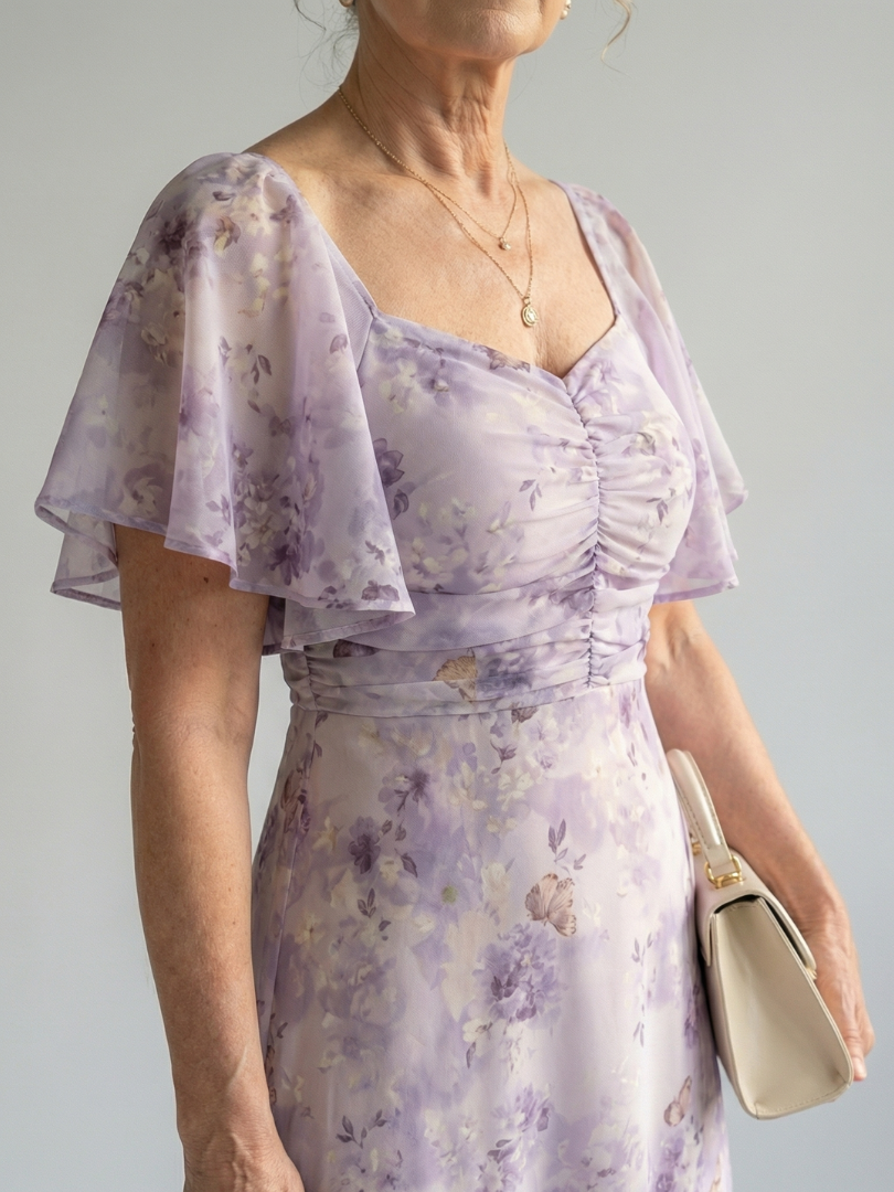 FJØRNA women's summer midi dress with floral pattern and square neckline, stylish and lightweight for warm weather.