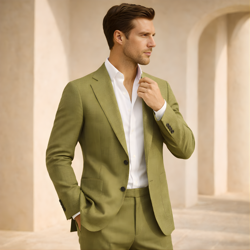FJØRNA two-piece men's suit set with blazer and matching trousers, tailored fit, in classic dark color, suitable for formal occasions.