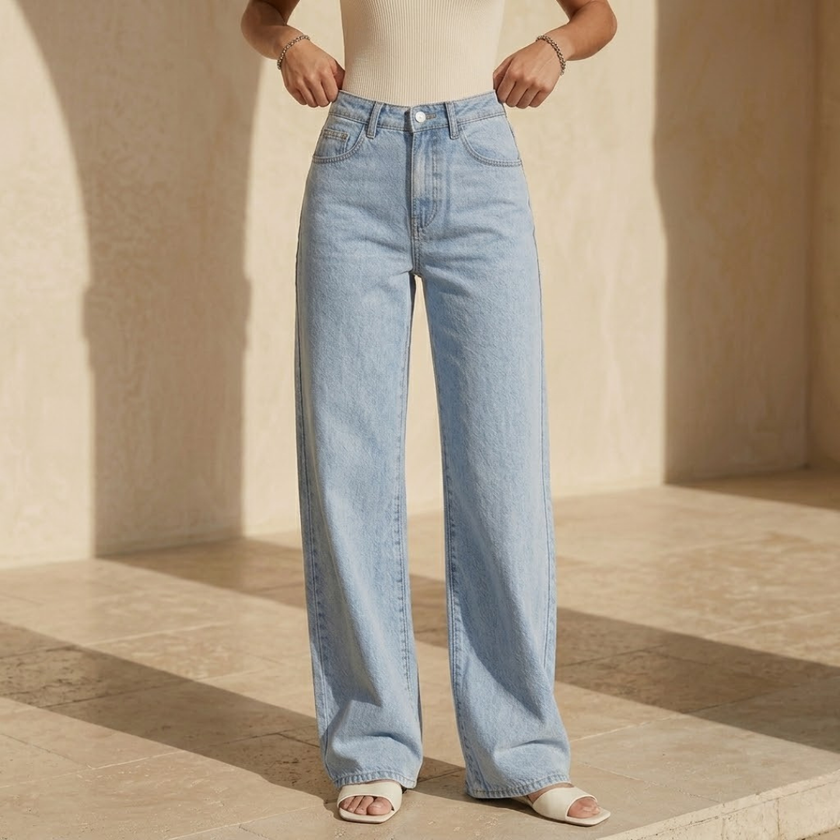 Women’s high waisted wide leg denim jeans by FJØRNA, showcasing the relaxed fit and classic blue denim fabric.