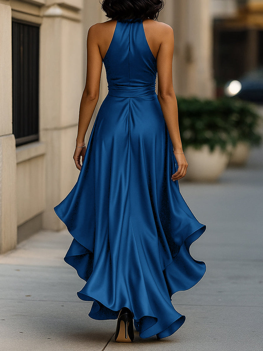 FJØRNA Midnight Elegance satin halter gown with ruffle details, flowing design, and elegant silhouette for formal occasions.