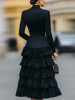 FJØRNA elegant mock neck tiered ruffle midi dress for women, featuring a flowy design and layered ruffle details.