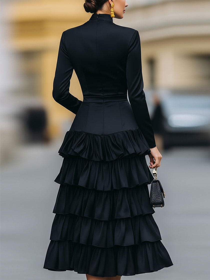 FJØRNA elegant mock neck tiered ruffle midi dress for women, featuring a flowy design and layered ruffle details.