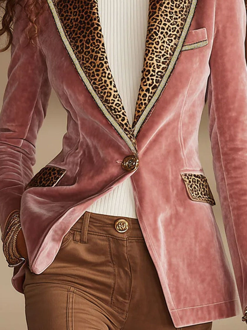FJØRNA pink velvet leopard print blazer with one button, stylish jackets and blazers for a chic, bold look.