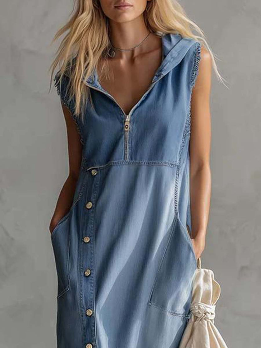 Blue Denim V-Neck Midi Dress | Casual Dress