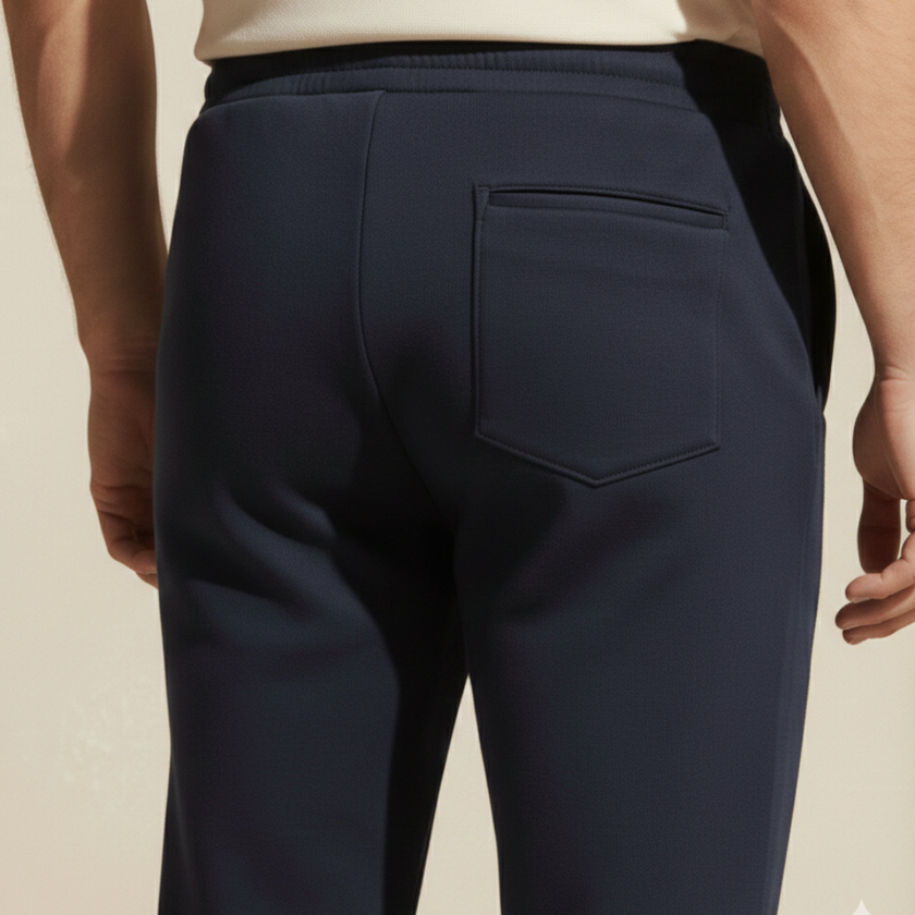 Men's relaxed fit joggers by FJØRNA with drawstring waist, made of comfortable fabric, shown laid flat.