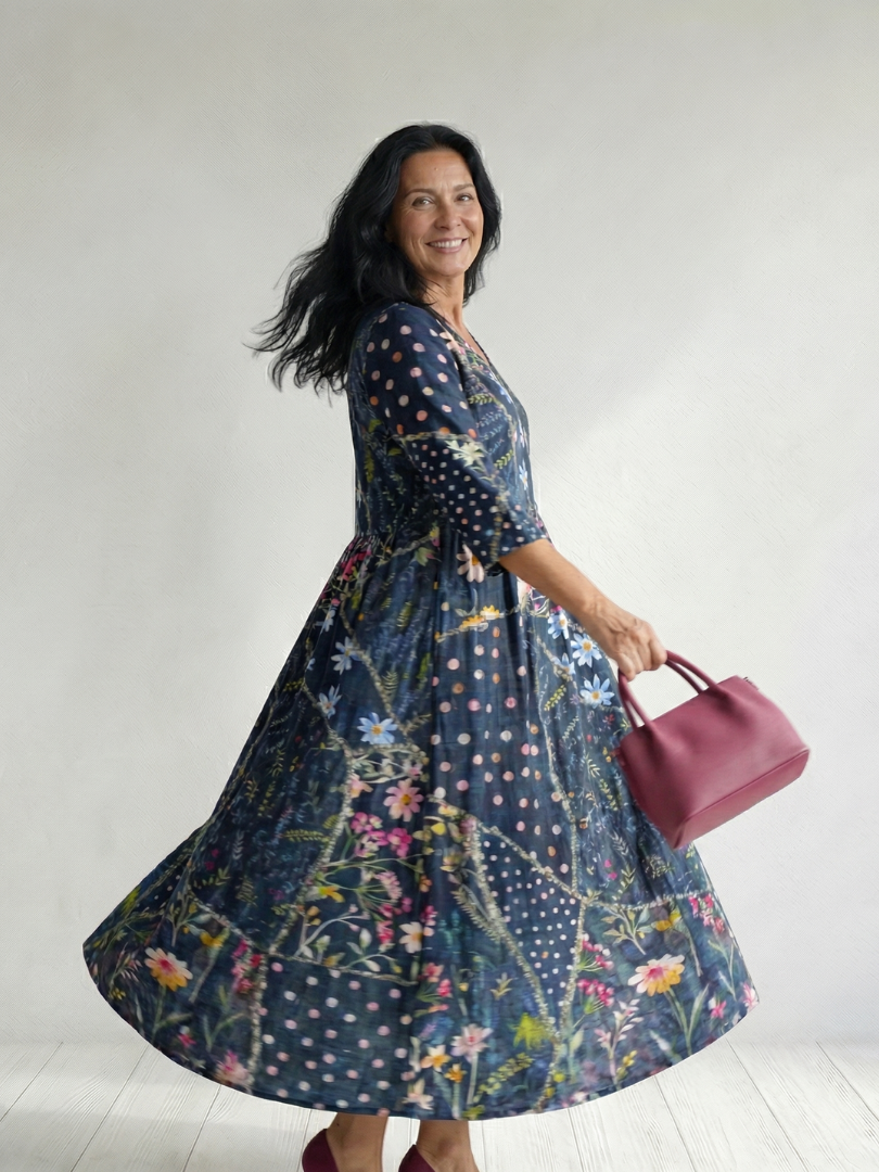 FJØRNA women's floral summer midi dress with long sleeves and wrap design, perfect for warm weather occasions.