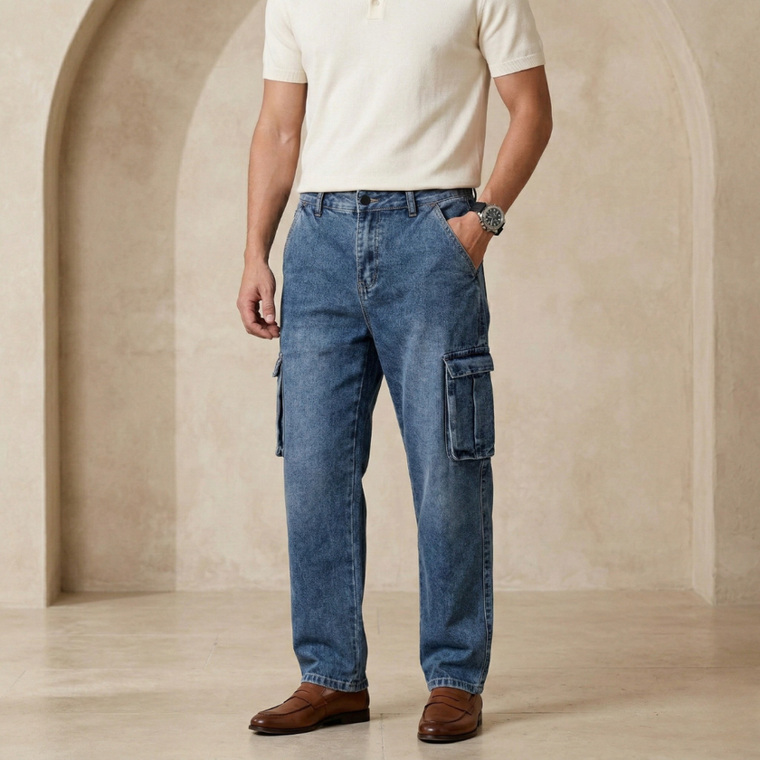 Men's FJØRNA elastic waist jeans, casual pants with a comfortable fit, shown in a front view with classic denim styling.