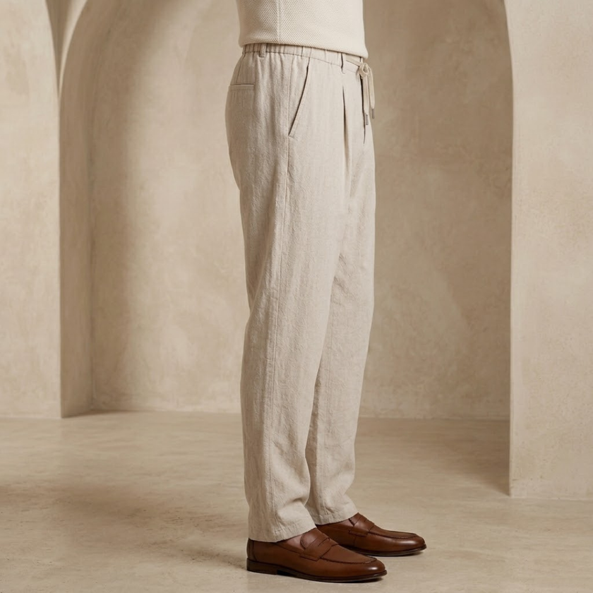 Men’s lightweight linen blend trousers by FJØRNA, casual summer pants with a relaxed fit and breathable fabric.