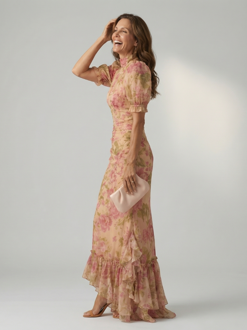 FJØRNA summer maxi dress for women with high neck and short sleeves, flowing lightweight fabric, stylish and comfortable for warm weather.