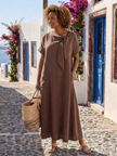 FJØRNA women's summer midi dress with short sleeves and pockets, lightweight and stylish for warm weather.