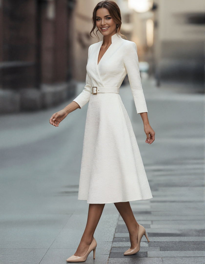 FJØRNA gold midi dress for women featuring a V-neck, A-line silhouette, and three-quarter sleeves, displayed on a hanger.