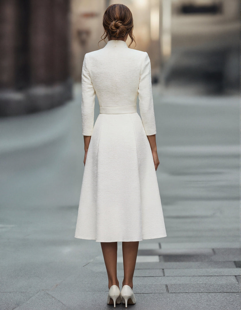 FJØRNA gold midi dress for women with V-neck, A-line silhouette, three-quarter sleeves, elegant and stylish for formal occasions