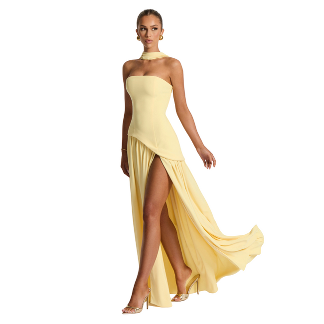 Isla - Women's Maxi Dress Lemon Non-Stretch Crepe with Thigh-High Split