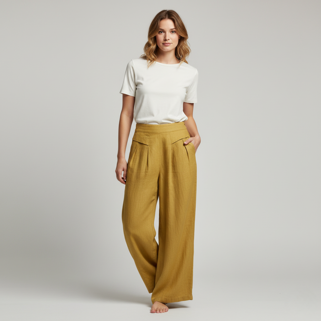 Liam - Stones Plain Color Cotton Linen High Waist Wide Leg Pants With Pockets