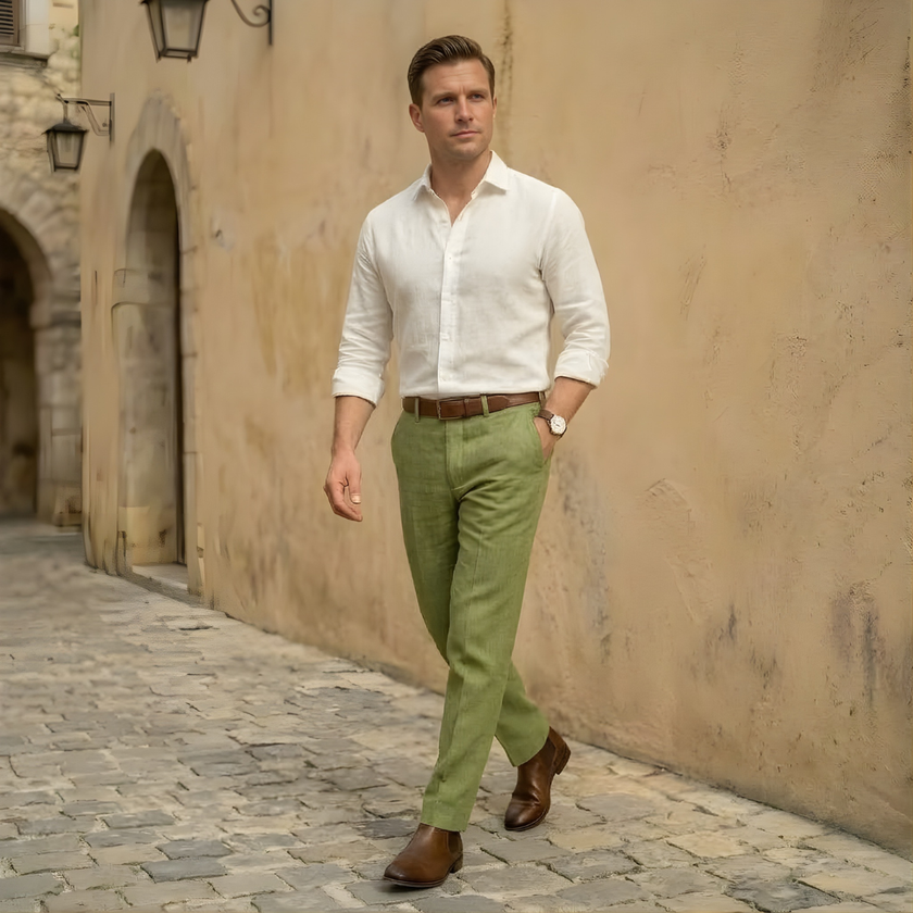 FJØRNA men's linen blend straight leg trousers with pleats, showcasing a relaxed fit and classic style in neutral fabric.