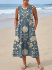 Floral sleeveless wrap summer midi dress for women by FJØRNA, featuring a feminine design and lightweight fabric.