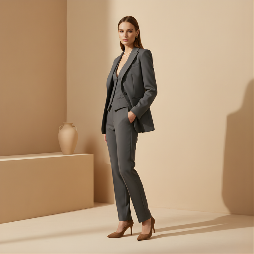 FJØRNA women's tailored co-ord set featuring stylish pants with a modern, fitted design and elegant waist detail.