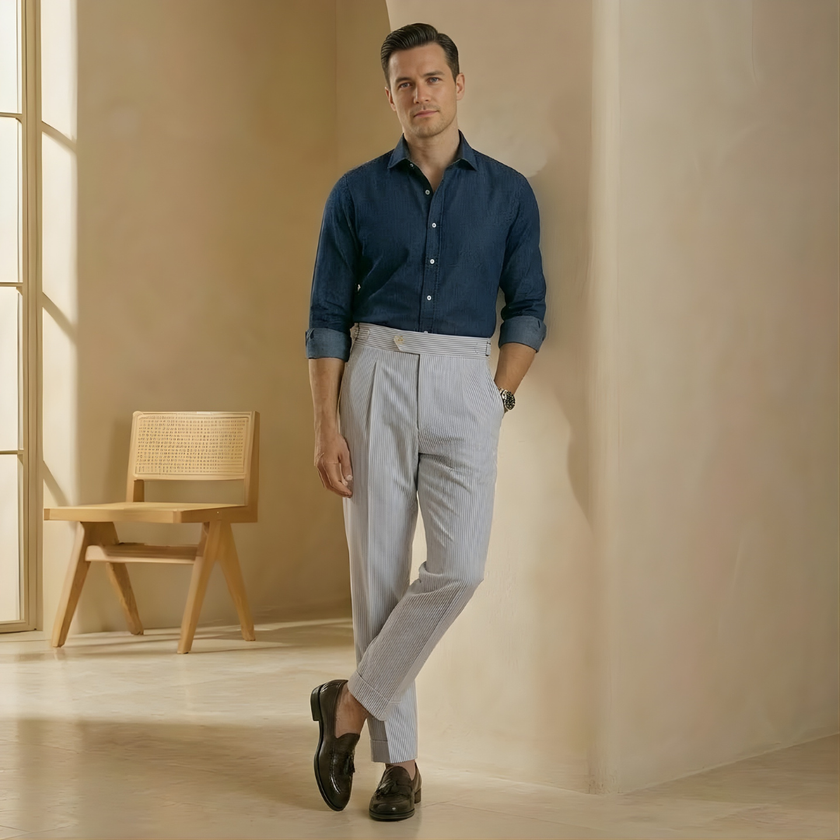 Men's high waist straight leg tailored trousers by FJØRNA, showing the fit and clean design of the stylish pants.