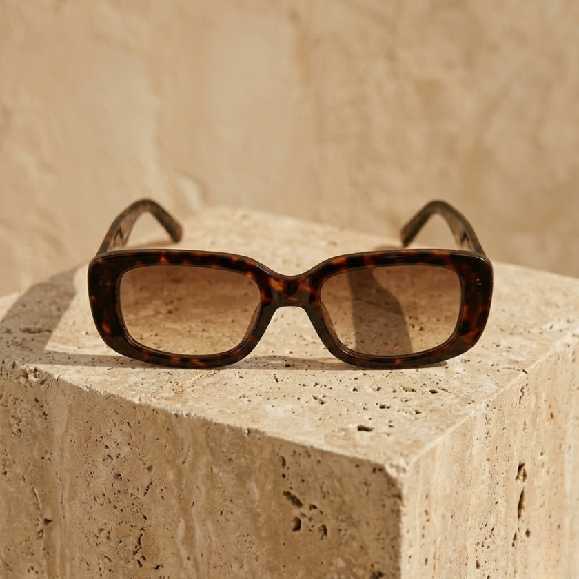 FJØRNA retro rectangular unisex sunglasses with dark tinted lenses and black frame, stylish accessory for women and men