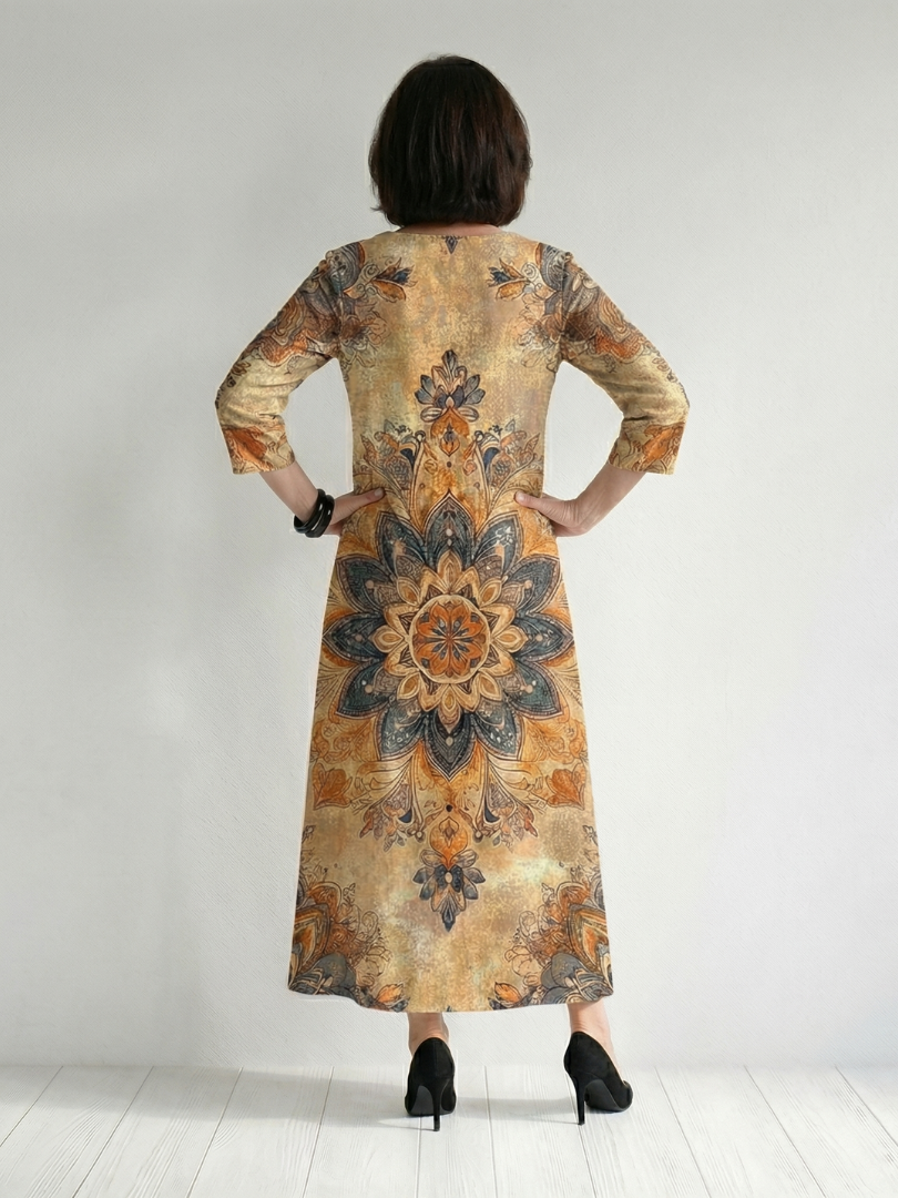 FJØRNA women's floral summer midi dress with long sleeves, flowy and breathable fabric, perfect for warm weather.