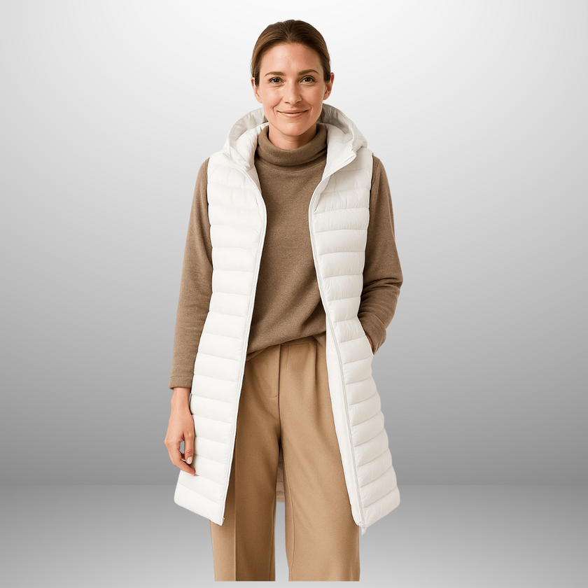Amalie – Long Hooded Puffer Vest for Women in Modern Fit