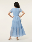 FJØRNA women's summer midi dress with short sleeves, wrap design, flowy tail, tailored fit, perfect for warm weather.