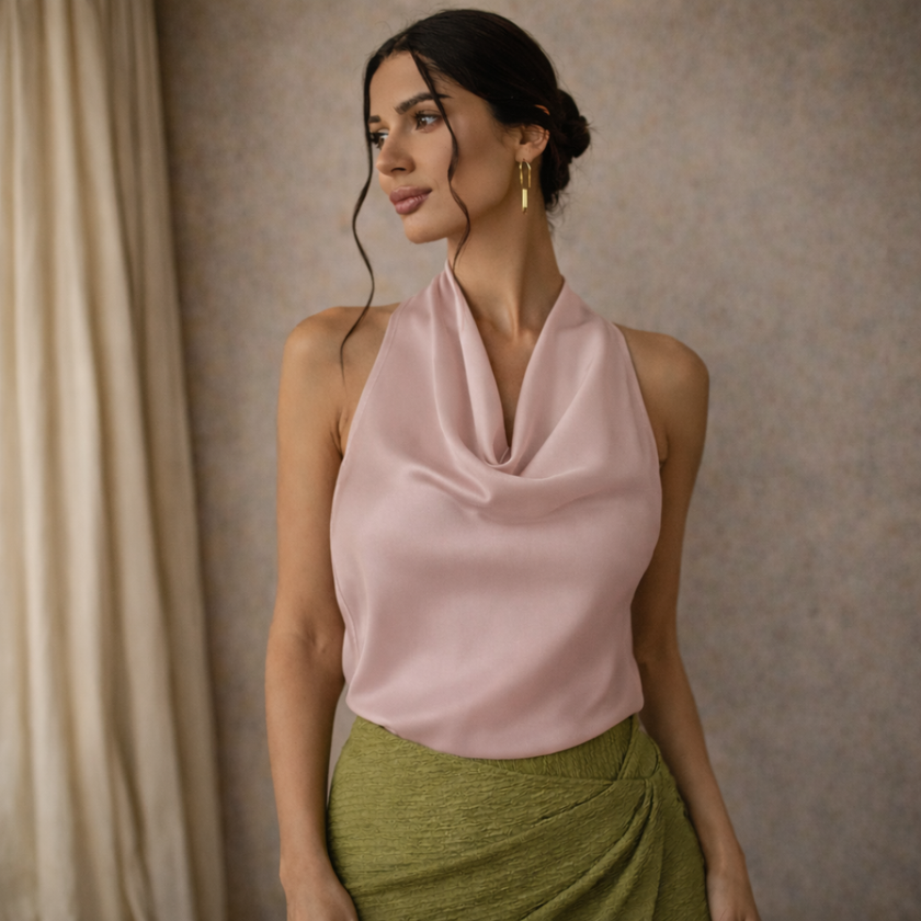 FJØRNA men's satin top, stylish and smooth fabric, shown in a close-up of the elegant satin men's top design.