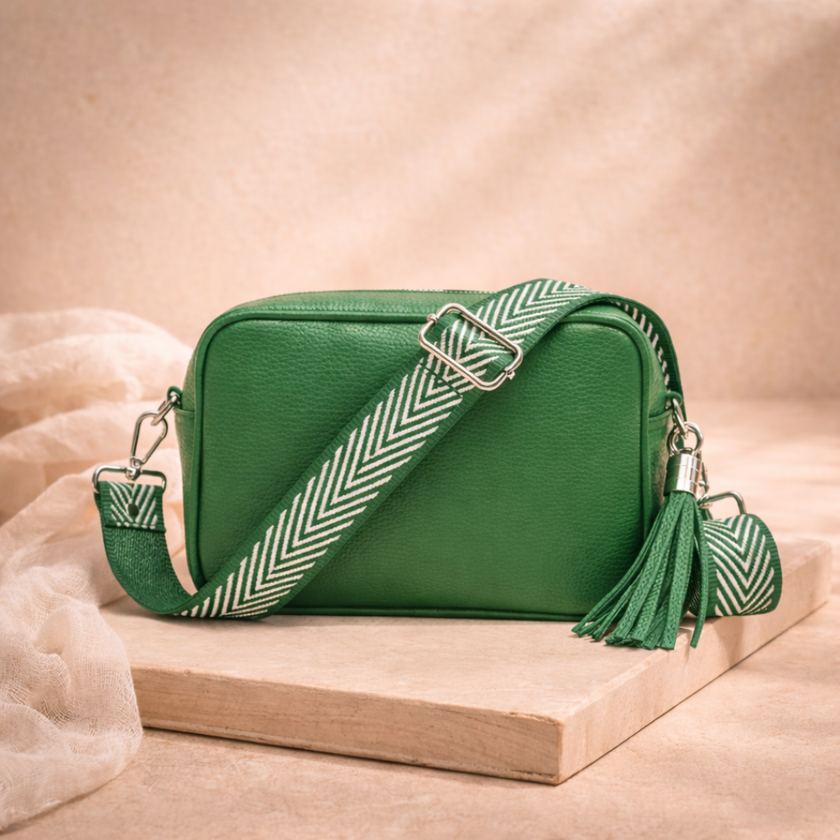 FJØRNA leather chevron strap genuine crossbody bag for women, showcasing its textured leather design and adjustable strap.