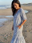 FJØRNA women's summer midi dress with geometric pattern, short sleeves, and wrap style, perfect for warm weather.