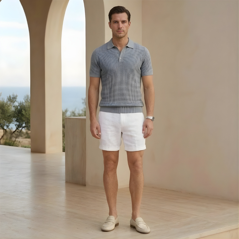 FJØRNA men's cotton linen shorts with a tailored relaxed fit, featuring a neutral color and casual waistband.