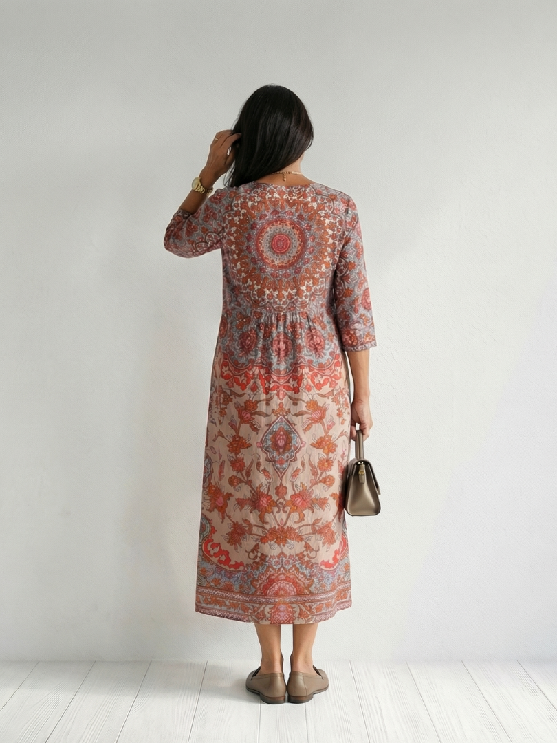 FJØRNA summer midi dress for women featuring long sleeves, a wrap design, flowy relaxed fit, ideal for warm weather.