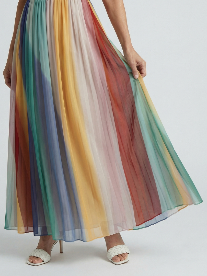 FJØRNA women's summer maxi dress with striped strapless design and pleated details, perfect for warm-weather occasions.