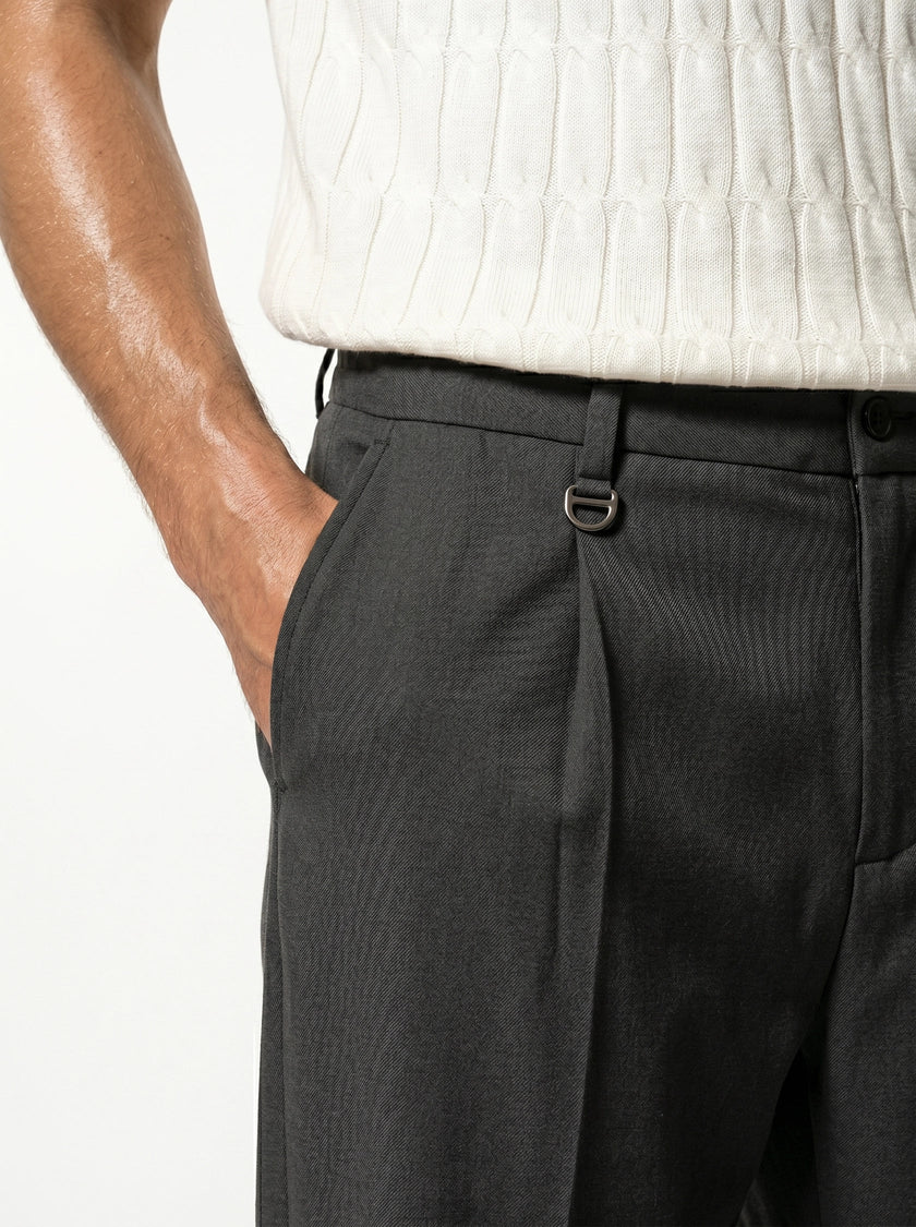 Close-up of FJØRNA men's straight fit trousers showing the tailored fabric and classic design, suitable for everyday wear.