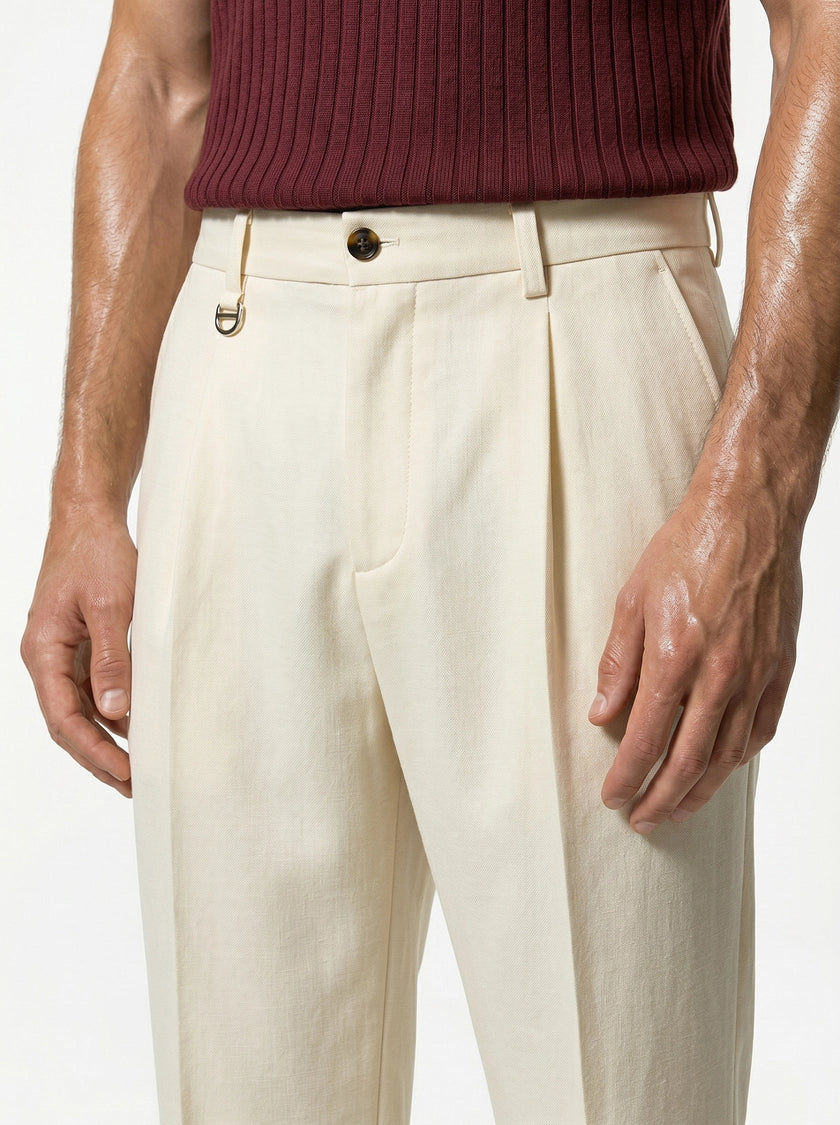 Close-up of FJØRNA men's straight fit tailored trousers, showcasing the classic design and neat stitching details.